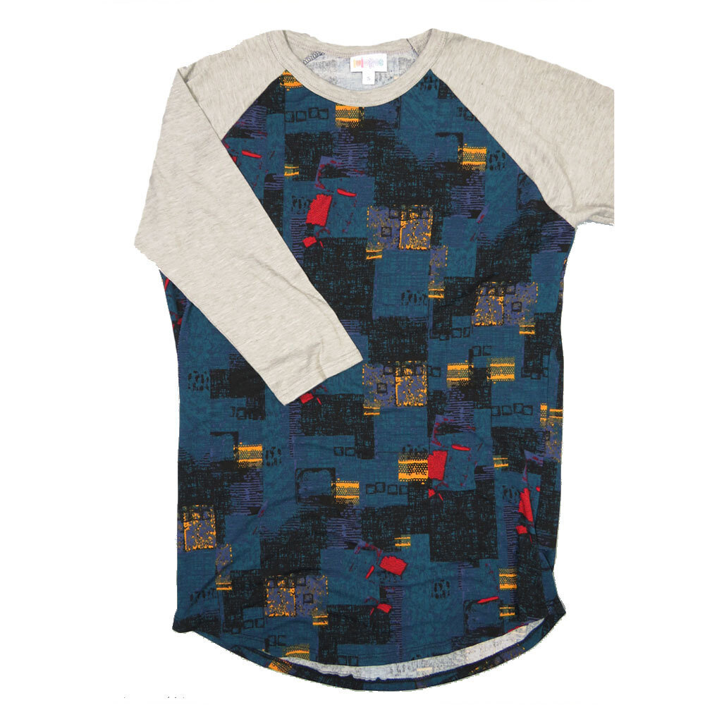 LuLaRoe RANDY c Small S Black Blue Gold Red Geometric with Gray Raglan Sleeve Unisex Baseball Tee Shirt S fits 6-8