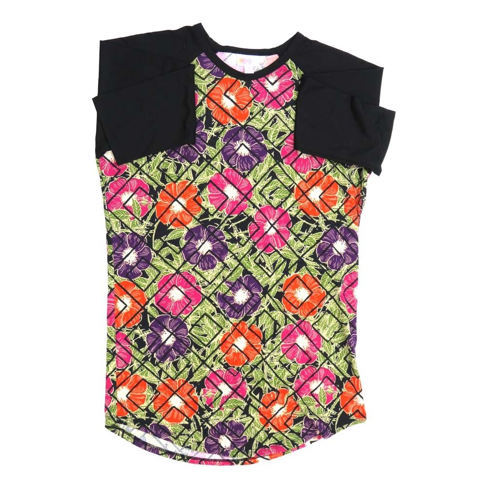 LuLaRoe RANDY c Small S Floral Hibiscus Purple Red Green Black Raglan Sleeve Unisex Baseball Tee Shirt S fits 6-8