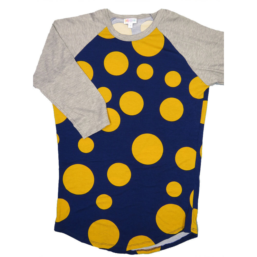 LuLaRoe RANDY c Small S Navy Gold Polka Dot with Gray Raglan Sleeve Unisex Baseball Tee Shirt S fits 6-8