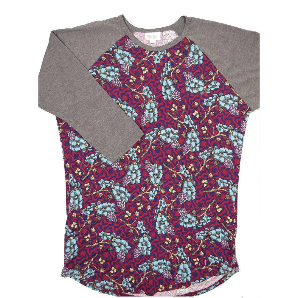 LuLaRoe RANDY d Medium M Grapes Maroon Purple Slate Floral with Gray Raglan Sleeve Unisex Baseball Tee Shirt M fits 10-12