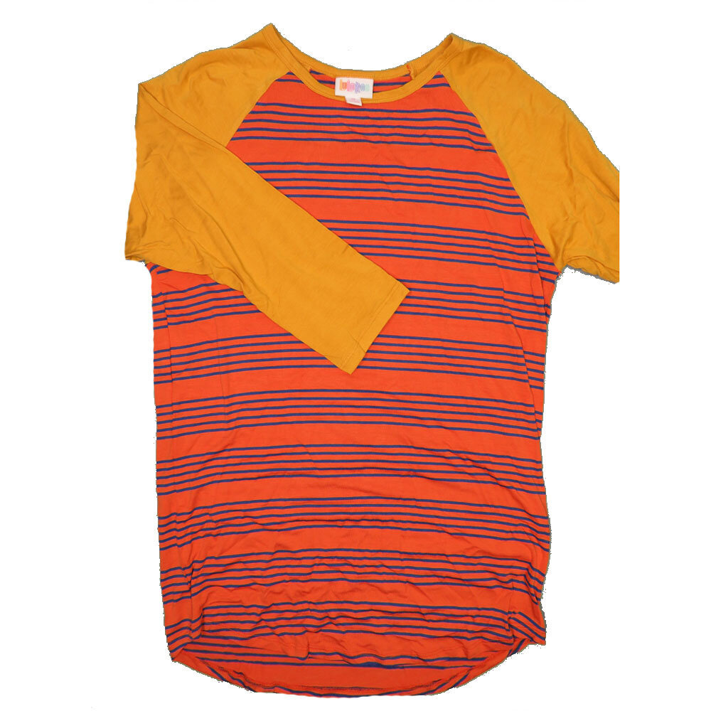 LuLaRoe RANDY d Medium M Dark Orange Blue Stripe with Mustard Raglan Sleeve Unisex Baseball Tee Shirt M fits 10-12