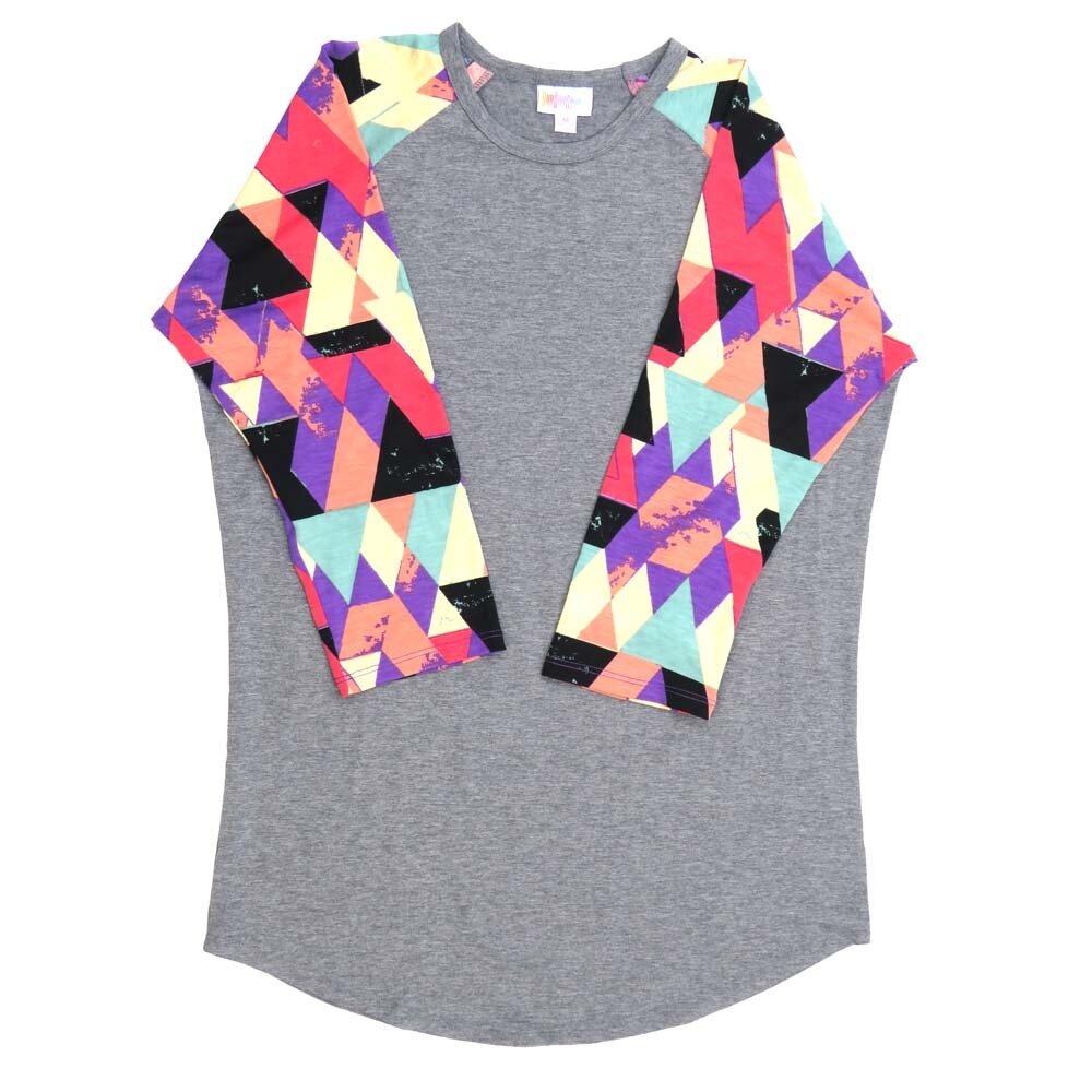 LuLaRoe RANDY d Medium M Geometric Blue Cream Black Gray Raglan Sleeve Unisex Baseball Tee Shirt M fits 10-12