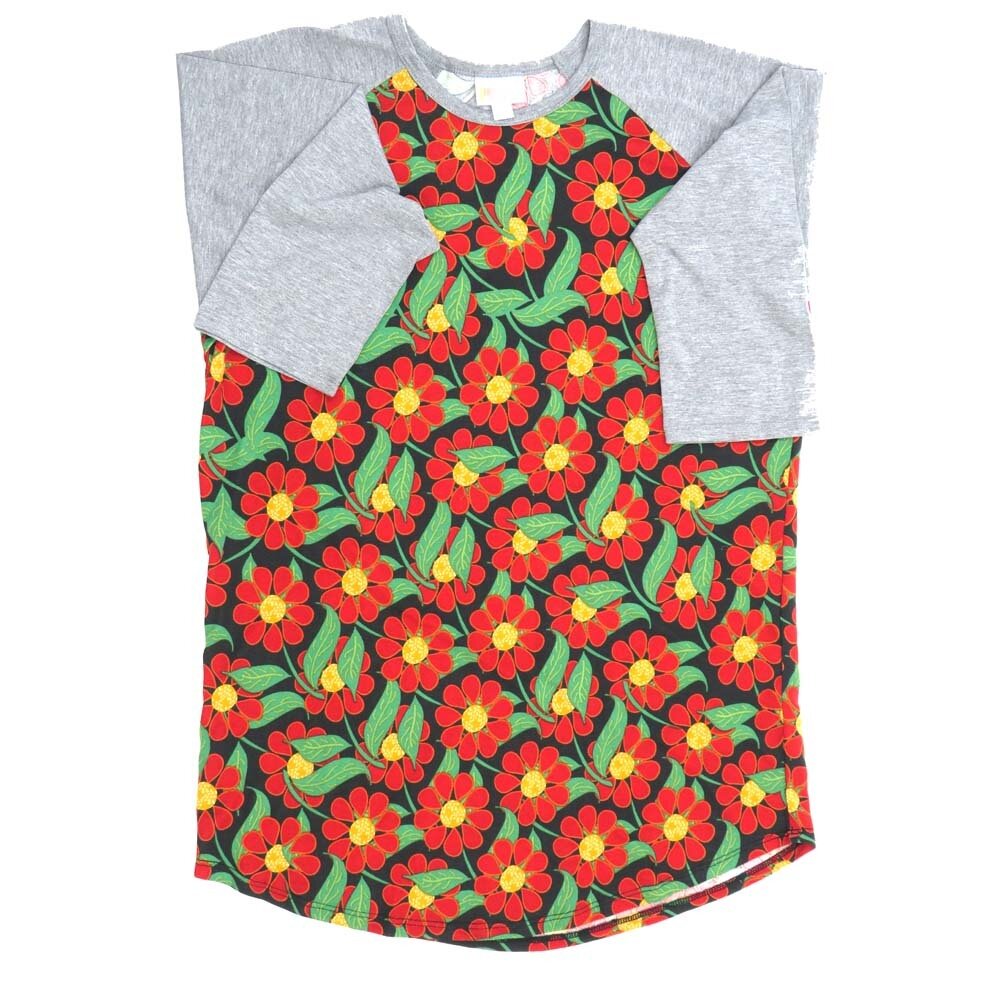 LuLaRoe RANDY d Medium M Floral Red Black Yellow Gray Raglan Sleeve Unisex Baseball Tee Shirt M fits 10-12