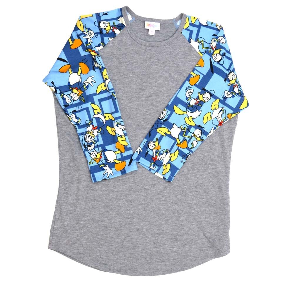 LuLaRoe RANDY d Medium M Disney Donald Duck Blue Yellow White Gray Raglan Sleeve Unisex Baseball Tee Shirt M fits 10-12