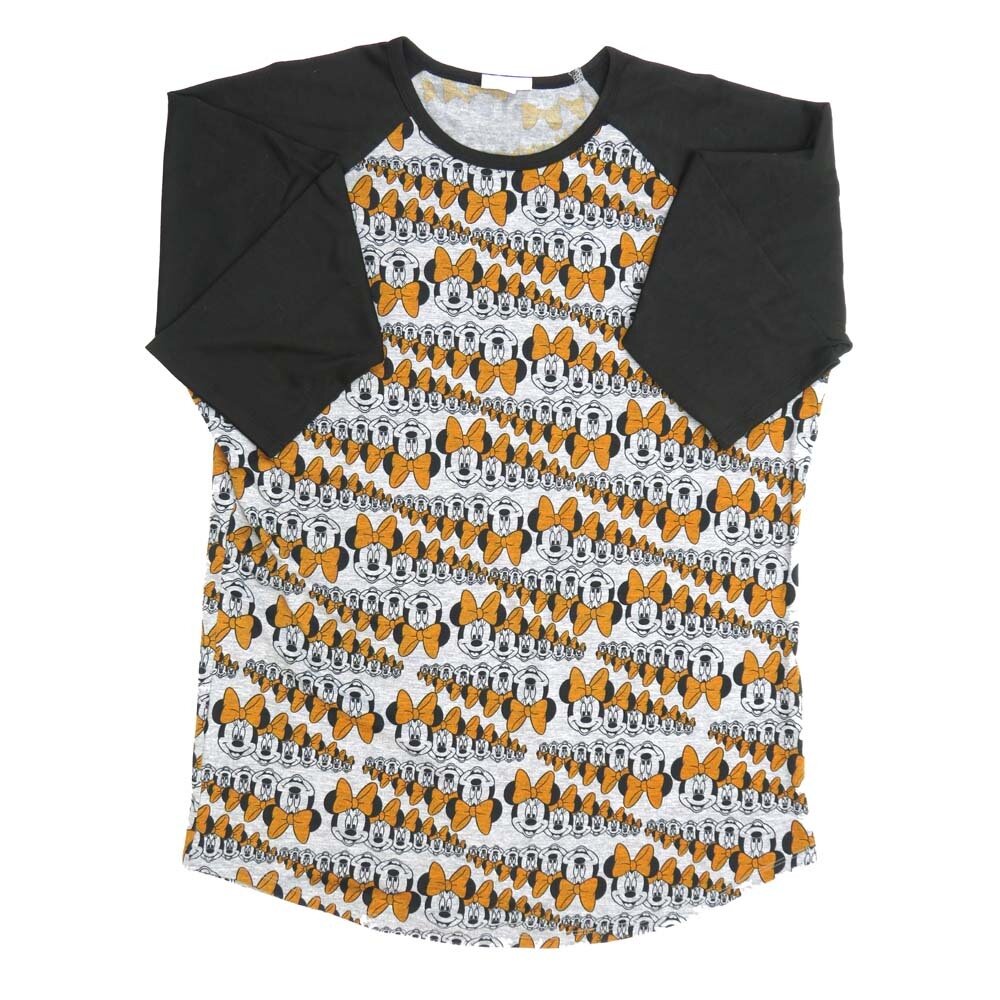 LuLaRoe RANDY e Large L Disney Multiple Minnie Mouse Gray Orange Black Raglan Sleeve Unisex Baseball Tee Shirt L fits 14-16
