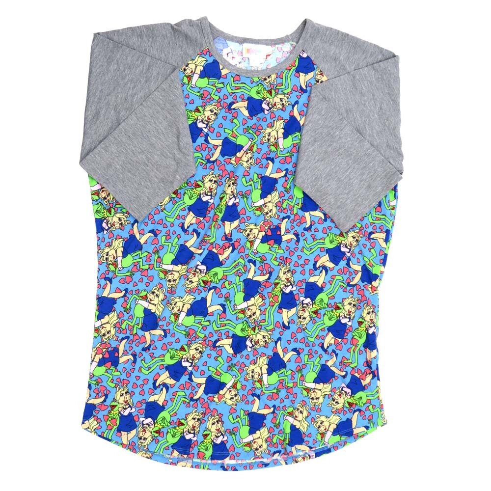 LuLaRoe RANDY e Large L Disney Muppets Miss Piggy Kermit the Frog Hearts Blue Green Gray Raglan Sleeve Unisex Baseball Tee Shirt L fits 14-16