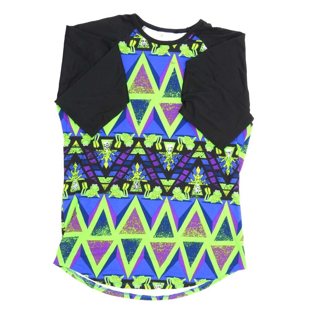 LuLaRoe RANDY e Large L Disney Muppets Kermit the Frog Green Blue Black Raglan Sleeve Unisex Baseball Tee Shirt L fits 14-16