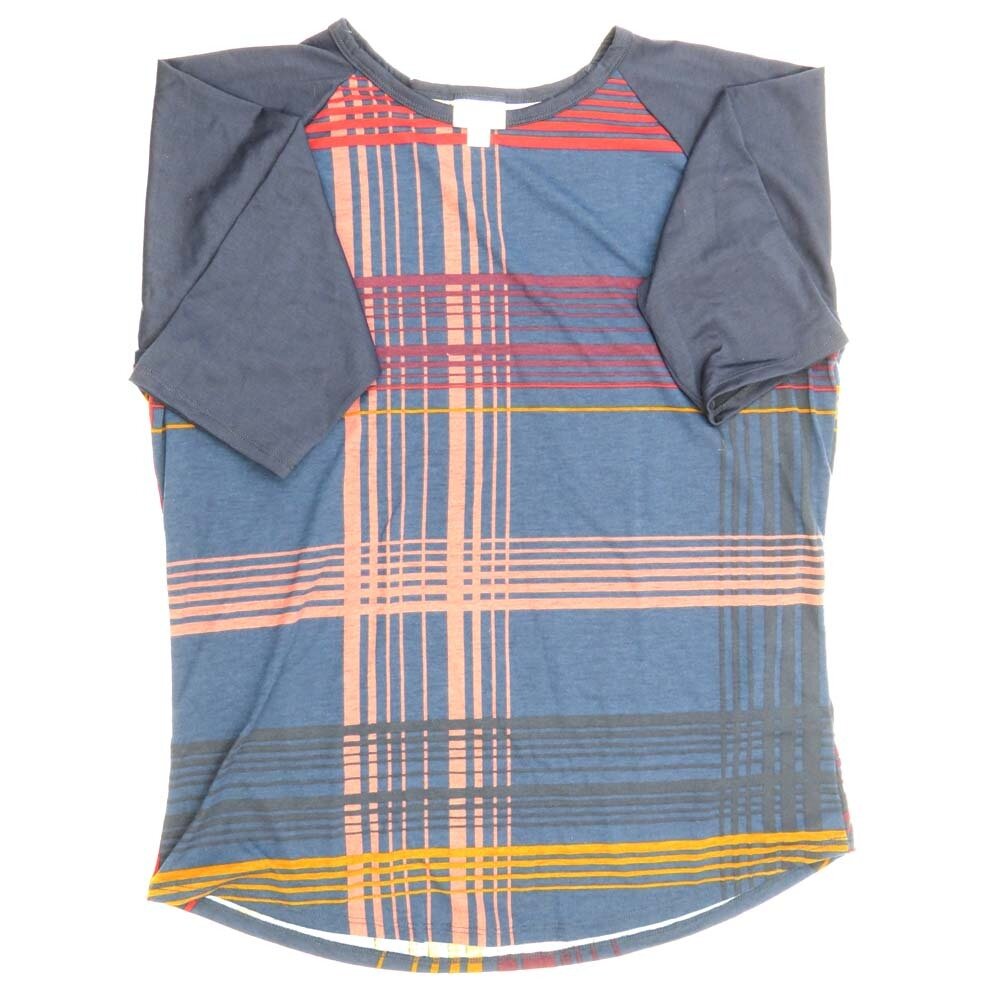 LuLaRoe RANDY f X-Large XL Stripe Plaid blue Red Green Yellow Gray Raglan Sleeve Unisex Baseball Tee Shirt XL fits 18-20