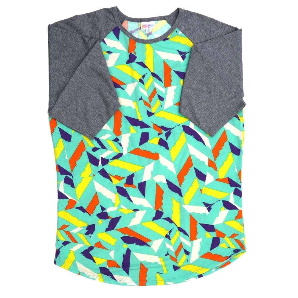 LuLaRoe RANDY f X-Large XL Geometric Green Blue Red White Yellow Gray Raglan Sleeve Unisex Baseball Tee Shirt XL fits 18-20
