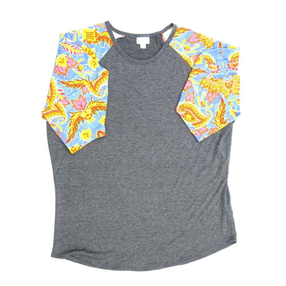 LuLaRoe RANDY g XX-Large 2XL Paisley Blue Yellow Red Gray Raglan Sleeve Unisex Baseball Tee Shirt XXL fits 22-24