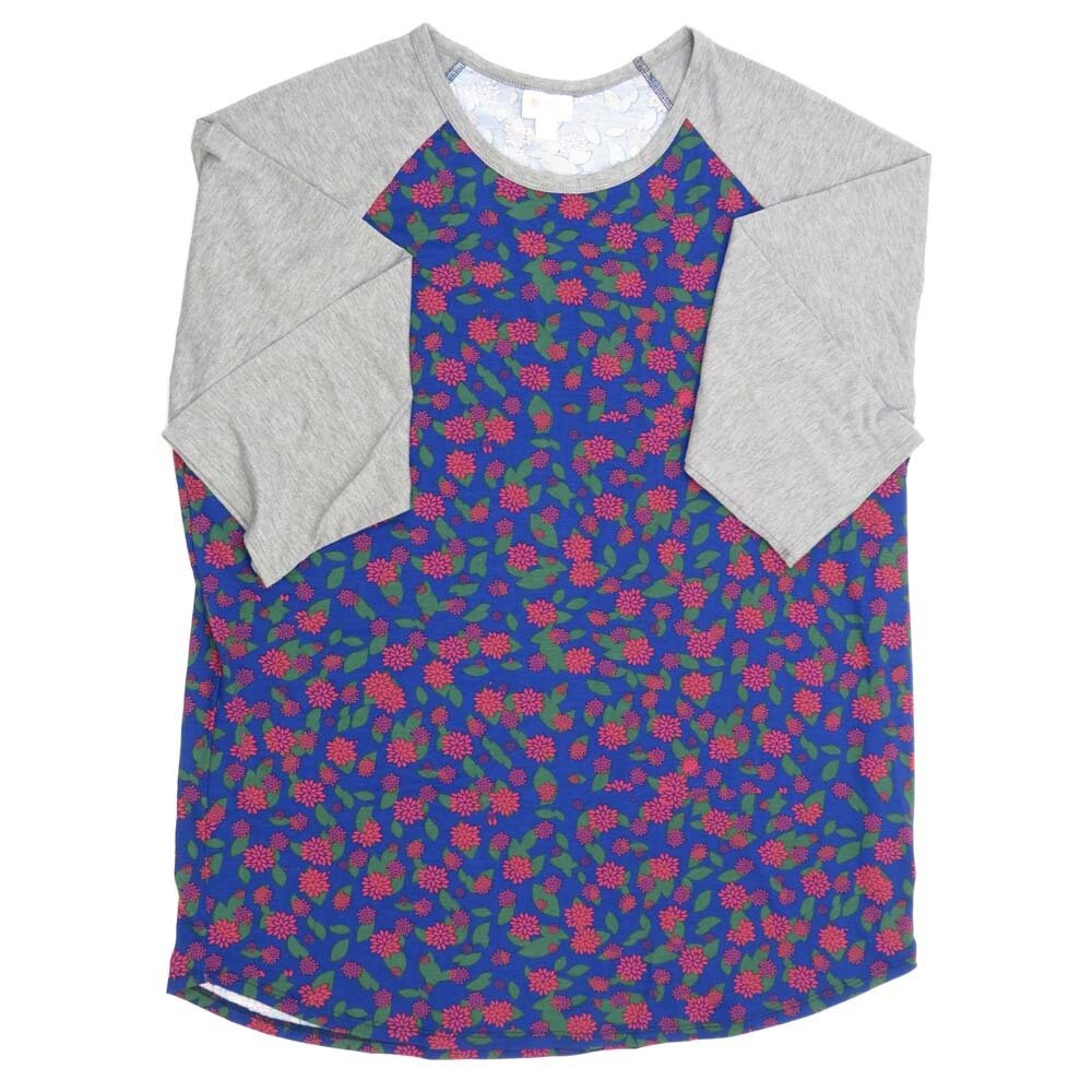LuLaRoe RANDY h XXX-Large 3XL Dark Purple Green Pink Lotus Floral with Gray Raglan Sleeve Unisex Baseball Tee Shirt XXXL fits 24-26