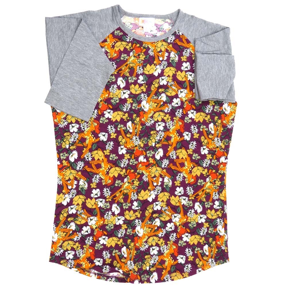 LuLaRoe RANDY c Small S Disney Bambi Floral Navy Green White Gray Raglan Sleeve Unisex Baseball Tee Shirt S fits 6-8