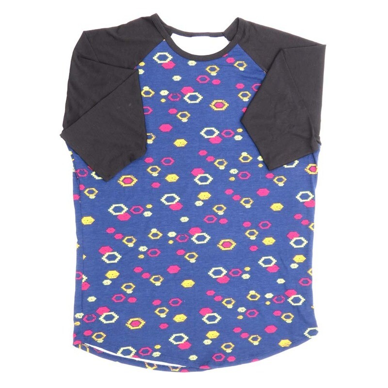 LuLaRoe RANDY f X-Large XL Navy Orange Green Geometric Polka Dot with Black Raglan Sleeve Unisex Baseball Tee Shirt XL fits 18-20