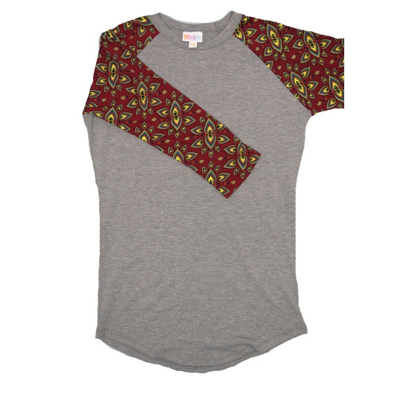 LuLaRoe RANDY a XX-Small XXS Gray with Maroon Yellow Raglan Sleeve Unisex Baseball Tee Shirt XXS fits 00-0