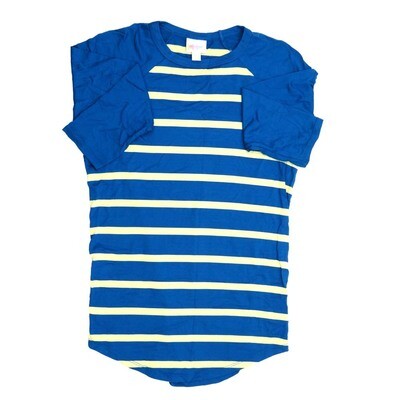 LuLaRoe RANDY a XX-Small XXS Blue Pale Yellow Stripe Raglan Sleeve Unisex Baseball Tee Shirt XXS fits 00-0