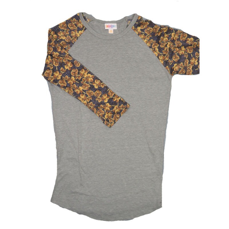 LuLaRoe RANDY a XX-Small XXS Light Gray with Blue Yellow Raglan Sleeve Unisex Baseball Tee Shirt XXS fits 00-0