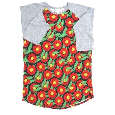 LuLaRoe RANDY d Medium M Floral Red Black Yellow Gray Raglan Sleeve Unisex Baseball Tee Shirt M fits 10-12