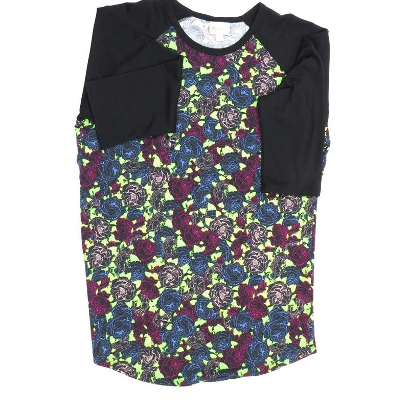LuLaRoe RANDY d Medium M Floral Yellow Purple Black Blue Raglan Sleeve Unisex Baseball Tee Shirt M fits 10-12