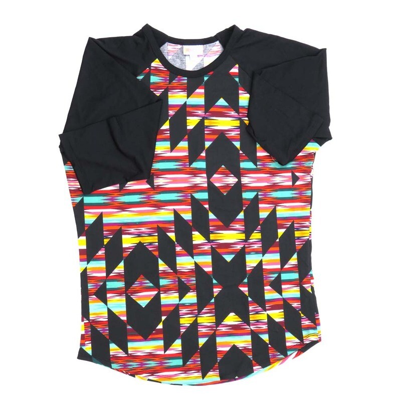 LuLaRoe RANDY d Medium M Geometric Black Yellow Green Blue Raglan Sleeve Unisex Baseball Tee Shirt M fits 10-12