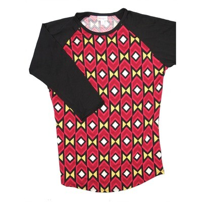 LuLaRoe RANDY c Small S Black Yellow Cranberry Geometric with Black Raglan Sleeve Unisex Baseball Tee Shirt S fits 6-8