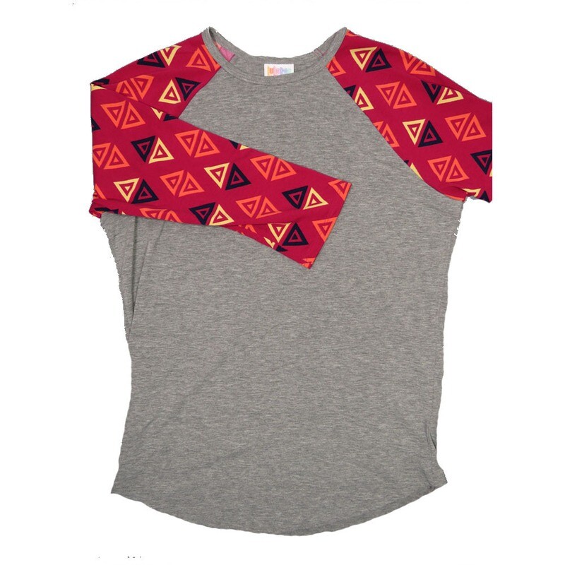 LuLaRoe RANDY d Medium M Gray with Fucshia Yellow Blue Geometric Raglan Sleeve Unisex Baseball Tee Shirt M fits 10-12