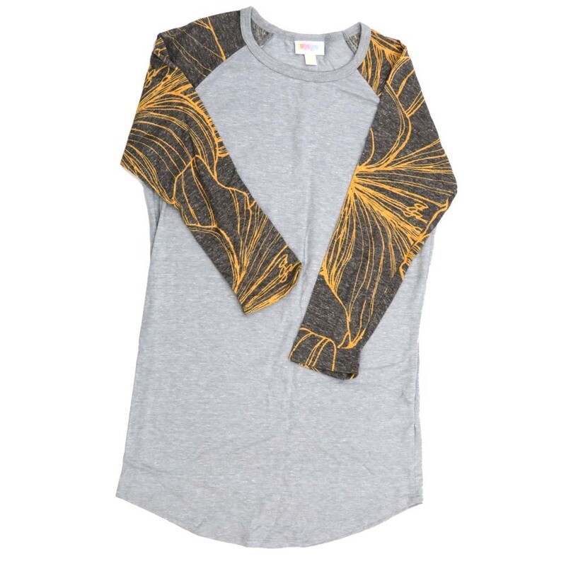 LuLaRoe RANDY a XX-Small XXS Floral Fern Leaves Green Gray Raglan Sleeve Unisex Baseball Tee Shirt XXS fits 00-0