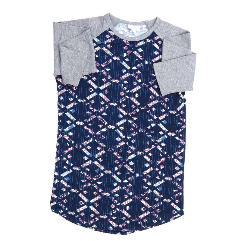 LuLaRoe RANDY a XX-Small XXS Geometric Stripe Blue White Gray Raglan Sleeve Unisex Baseball Tee Shirt XXS fits 00-0