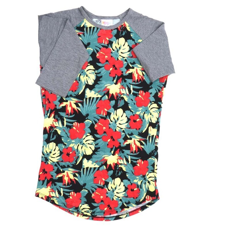 LuLaRoe RANDY a XX-Small XXS Floral Black Cream Red Gray Raglan Sleeve Unisex Baseball Tee Shirt XXS fits 00-0