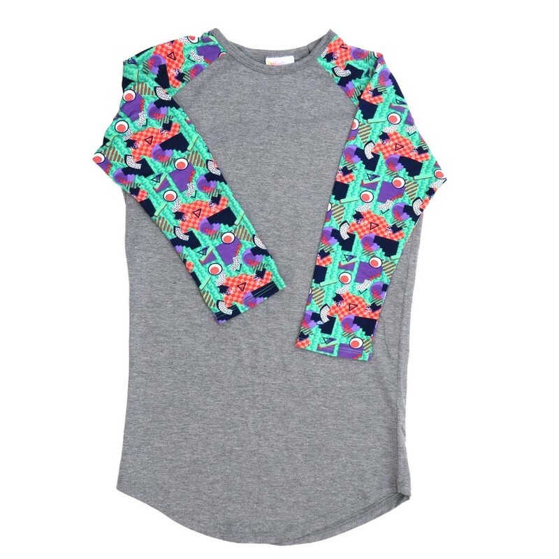 LuLaRoe RANDY a XX-Small XXS Geometric Gray Navy Purple Black Raglan Sleeve Unisex Baseball Tee Shirt XXS fits 00-0