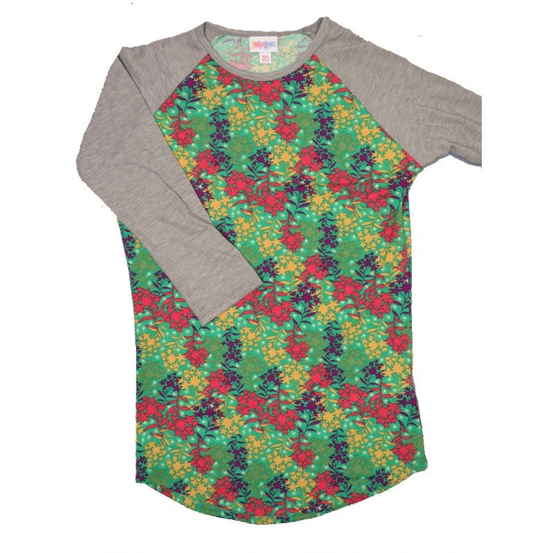 LuLaRoe RANDY a XX-Small XXS Green Red Purple Gold with Gray Raglan Sleeve Unisex Baseball Tee Shirt XXS fits 00-0