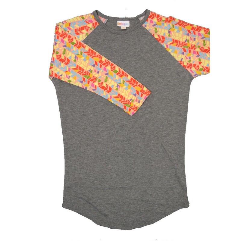 LuLaRoe RANDY a XX-Small XXS Gray with Pink Yellow Blue Geometric Raglan Sleeve Unisex Baseball Tee Shirt XXS fits 00-0