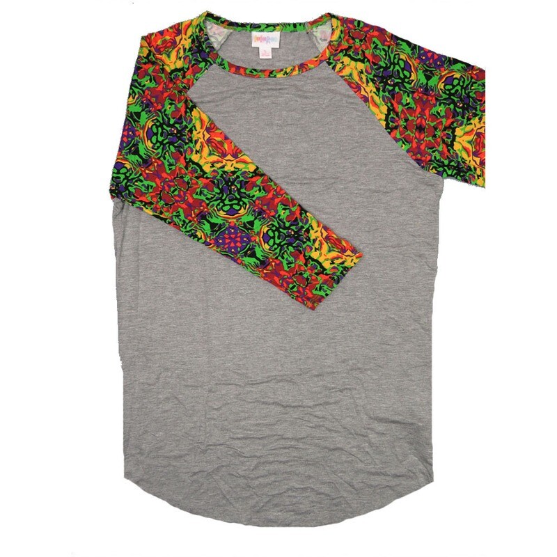 LuLaRoe RANDY c Small S Gray with Yellow Purple Lime Green Floral Raglan Sleeve Unisex Baseball Tee Shirt S fits 6-8