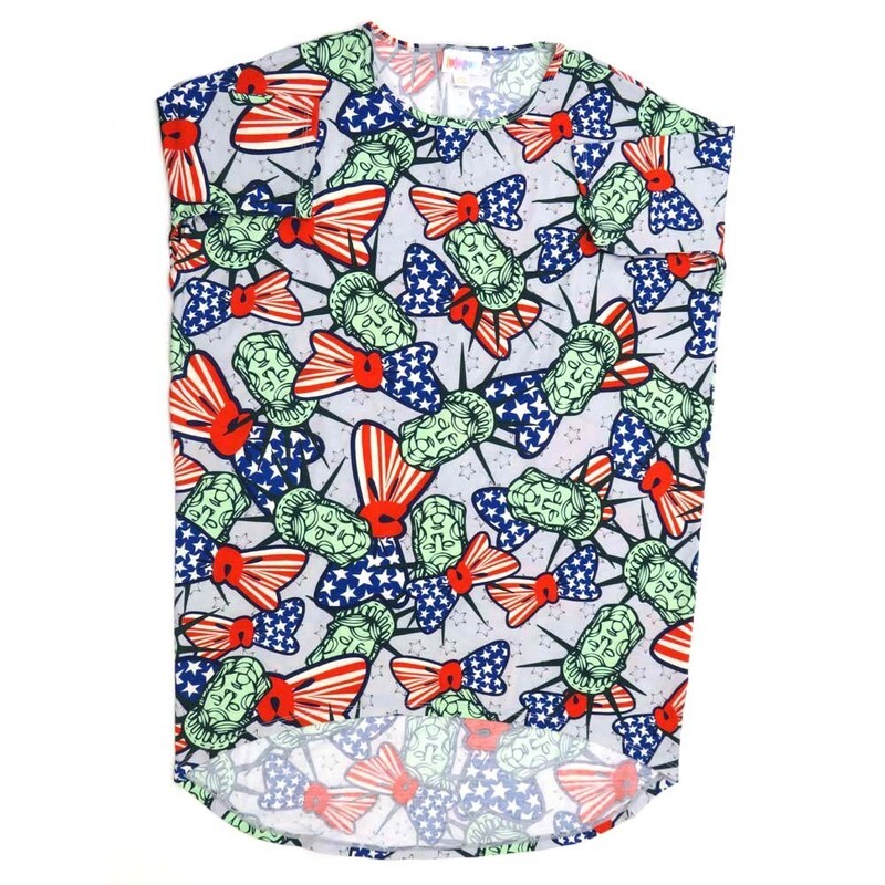 LuLaRoe Irma Hi-Lo Tunic a (XXS) XX-Small Americana USA Statue of Liberty Bow Tie Stars & Stripes Blue Red White XXS-220 fits women sizes 00-0 LuLaRoe Irma Hi-Lo Tunic a (XXS) XX-Small Americana USA Statue of Liberty Bow Tie Stars & Stripes Blue Red White XXS-220 fits women sizes 00-0
