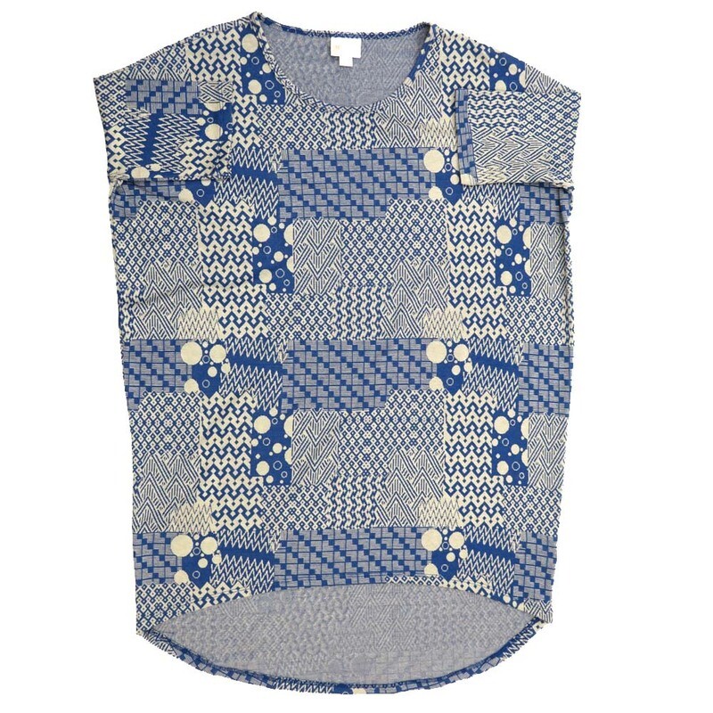 LuLaRoe Irma Hi-Lo Tunic a (XXS) XX-Small Geometric Patchwork Blue White XXS-312 fits women sizes 00-0