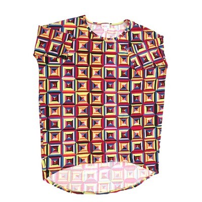 LuLaRoe Irma Hi-Lo Tunic c (S) Small 70s Trippy Psychedelic Checkerboard Black Yellow Red Purple Blue Green SMALL-217 fits women sizes 8-10