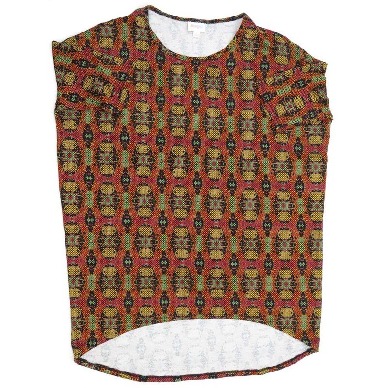 LuLaRoe Irma Hi-Lo Tunic c (S) Small 70s Trippy Psychedelic Red Black Green SMALL-223 fits women sizes 8-10