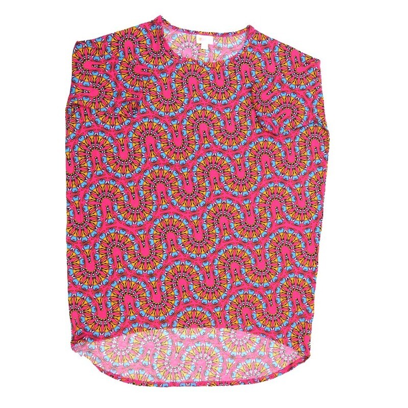 LuLaRoe Irma Hi-Lo Tunic c (S) Small 70s Trippy Psychedelic Stripe Pink Red Green Lavender SMALL-207 fits women sizes 8-10