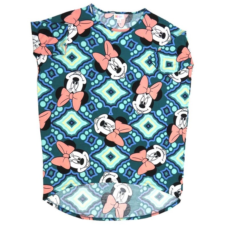 LuLaRoe Irma Hi-Lo Tunic b (XS) X-Small Disney Minnie Mouse Blue White Black G XS-202 fits women sizes 2-6