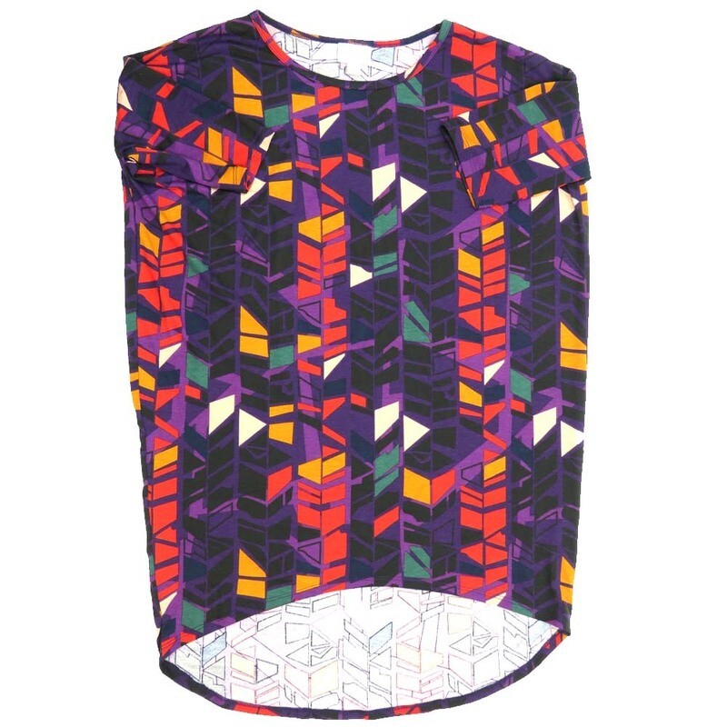 LuLaRoe Irma Hi-Lo Tunic b (XS) X-Small Geometric Stripe Purple Blue Black Yellow White Red XS-214B fits women sizes 2-6