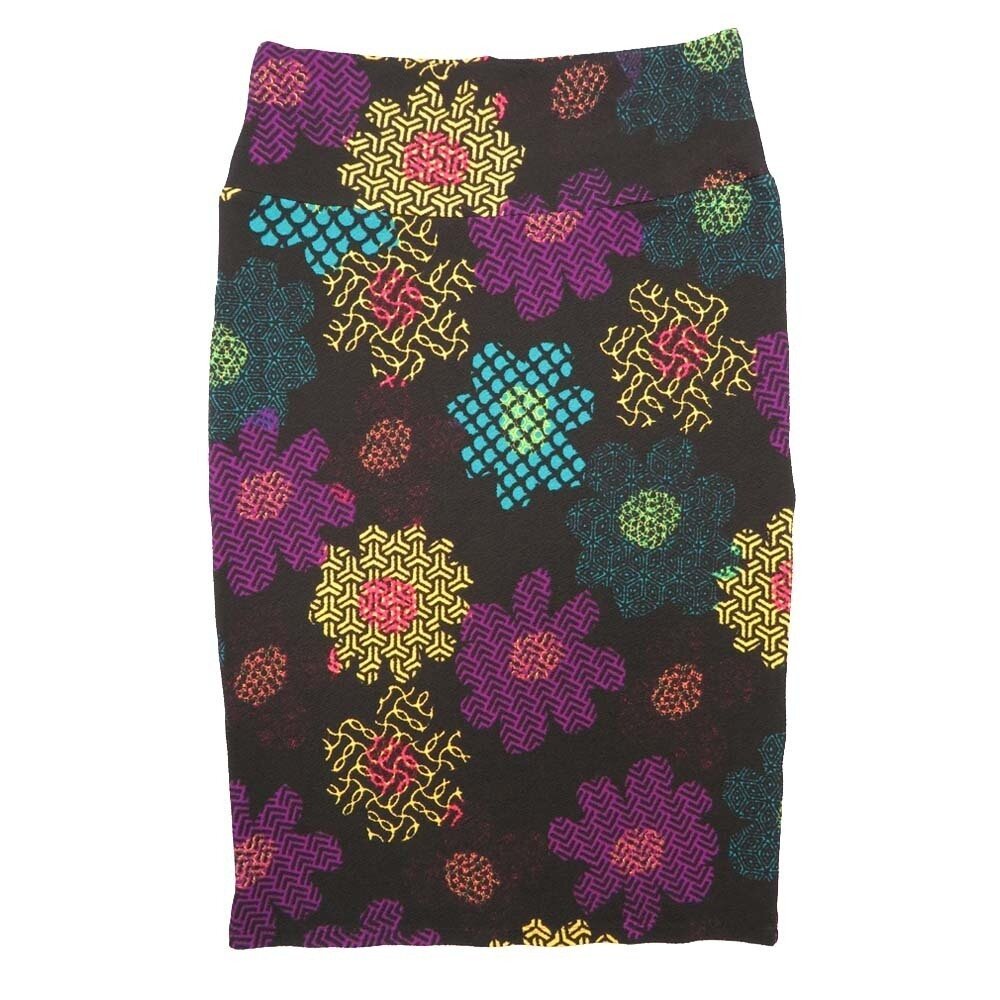 LuLaRoe Cassie b X-Small (XS) Geometric Polka Dot Floral Black Purple Yellow Blue Womens Knee Length Pencil Skirt fits sizes 2-4  XS-84