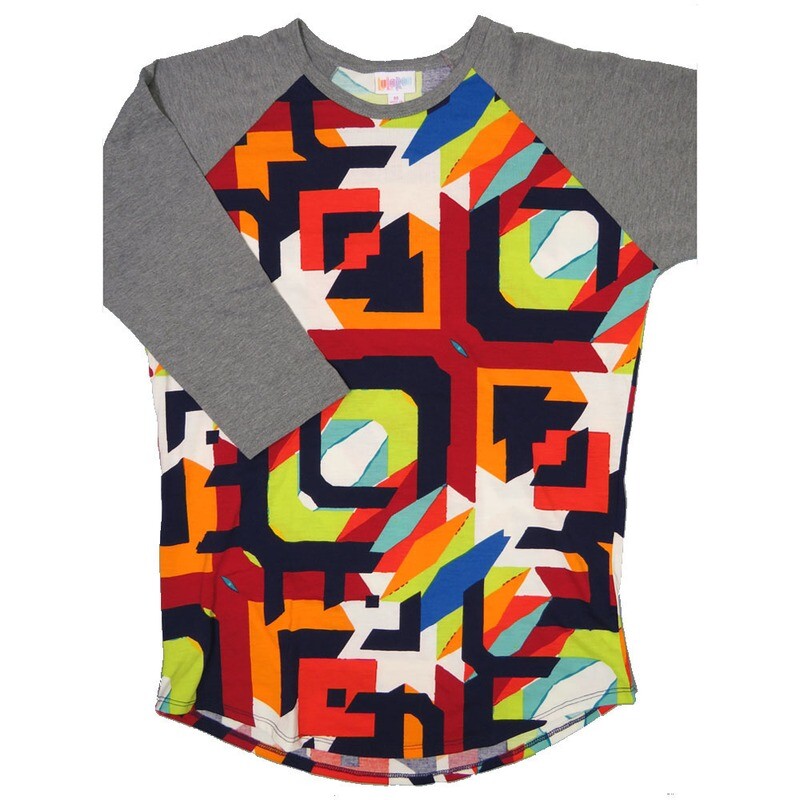 LuLaRoe RANDY d Medium M Purple Lime Orange Red Geometric Gray Raglan Sleeve Unisex Baseball Tee Shirt M fits 10-12
