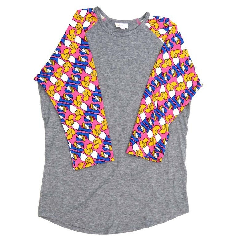 LuLaRoe RANDY d Medium M Disney Donald Duck Chillin Blue White Yellow Gray Raglan Sleeve Unisex Baseball Tee Shirt M fits 10-12