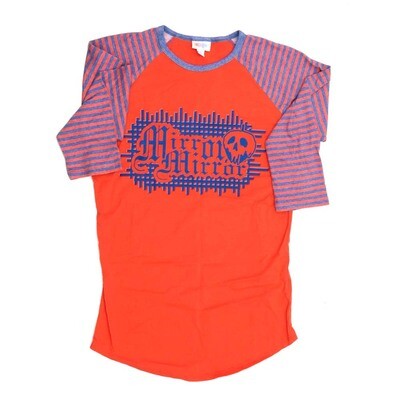 LuLaRoe RANDY c Small S Disney Halloween MIRROR MIRROR Skull Orange Blue Gray Raglan Sleeve Unisex Baseball Tee Shirt S fits 6-8