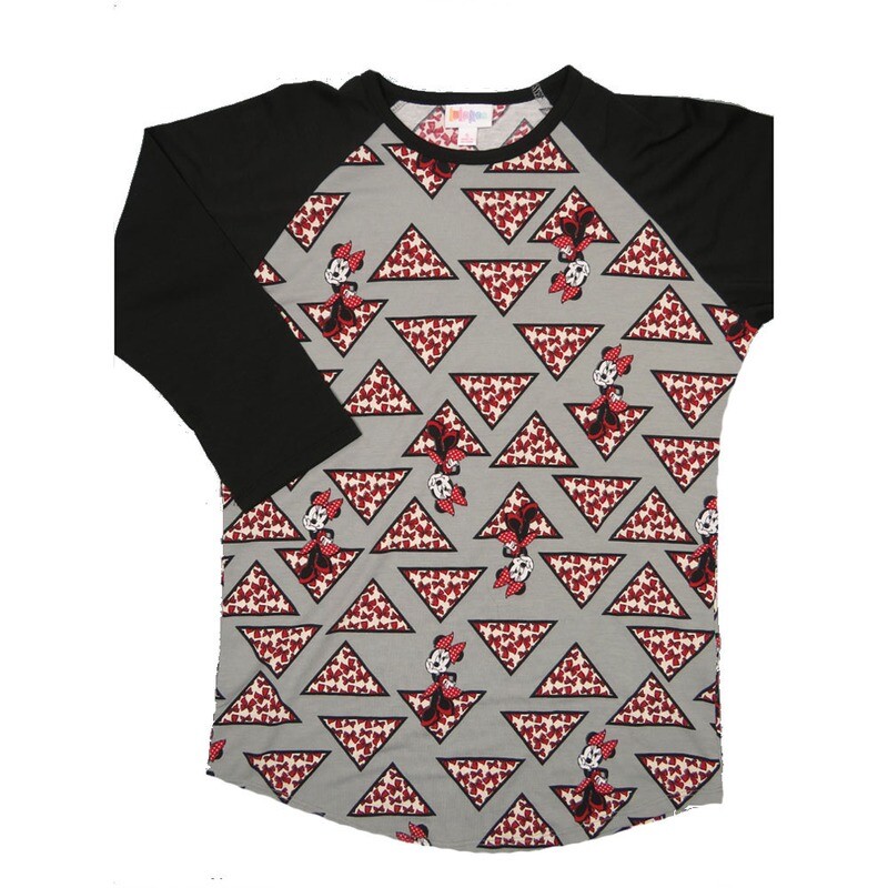 LuLaRoe RANDY c Small S Disney Gray Red Minnie Mouse Bows Geometric Polka Dot With Black Raglan Sleeve Unisex Baseball Tee Shirt S fits 6-8