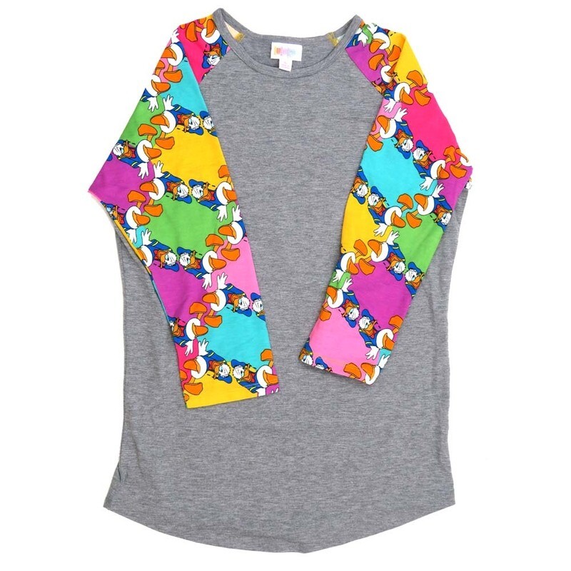 LuLaRoe RANDY c Small S Disney Donald Duck Blue Yellow Purple Gray Raglan Sleeve Unisex Baseball Tee Shirt S fits 6-8