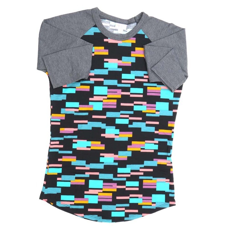 LuLaRoe RANDY b X-Small XS Geometric Black Teal Purple Gray Raglan Sleeve Unisex Baseball Tee Shirt XS fits 2-4