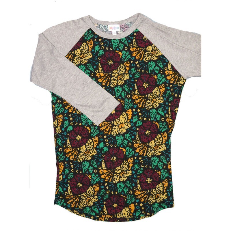 LuLaRoe RANDY b X-Small XS Black Wine Gold Teal Geometric with Gray Raglan Sleeve Unisex Baseball Tee Shirt XS fits 2-4