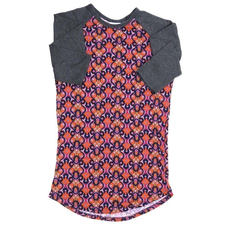 LuLaRoe RANDY a XX-Small XXS 70s Trippy Psychedelic Geometric Blue Teal Red Gray Raglan Sleeve Unisex Baseball Tee Shirt XXS fits 00-0