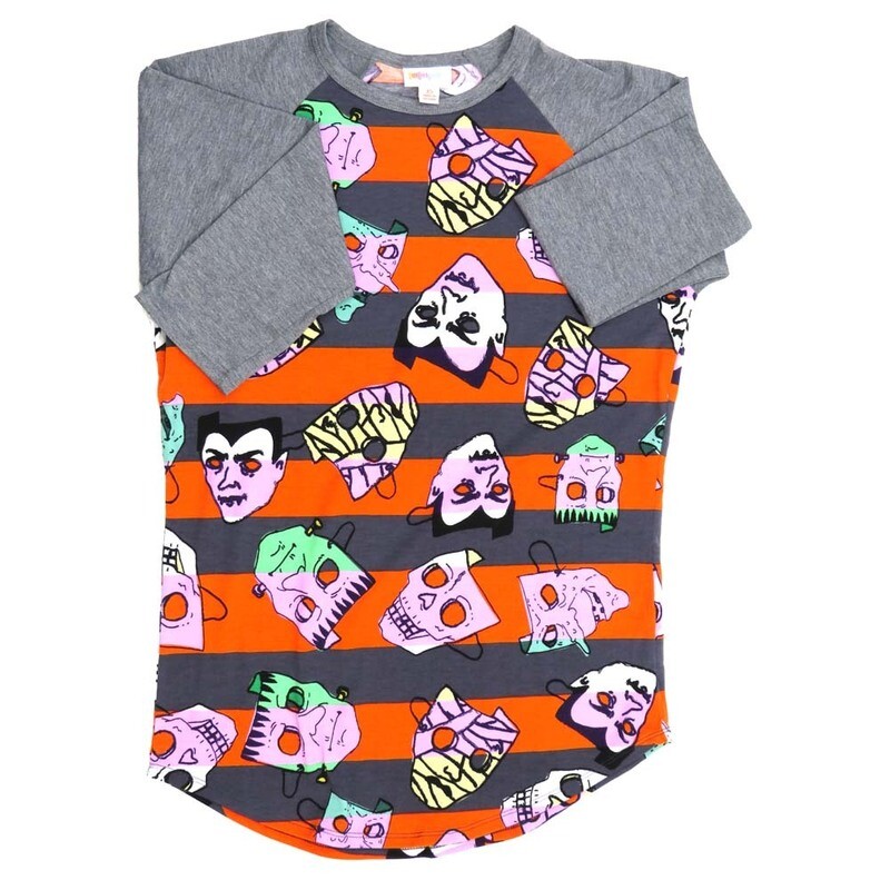 LuLaRoe RANDY b X-Small XS Halloween Masks Red Gray Blue Black Teal Raglan Sleeve Unisex Baseball Tee Shirt XS fits 2-4