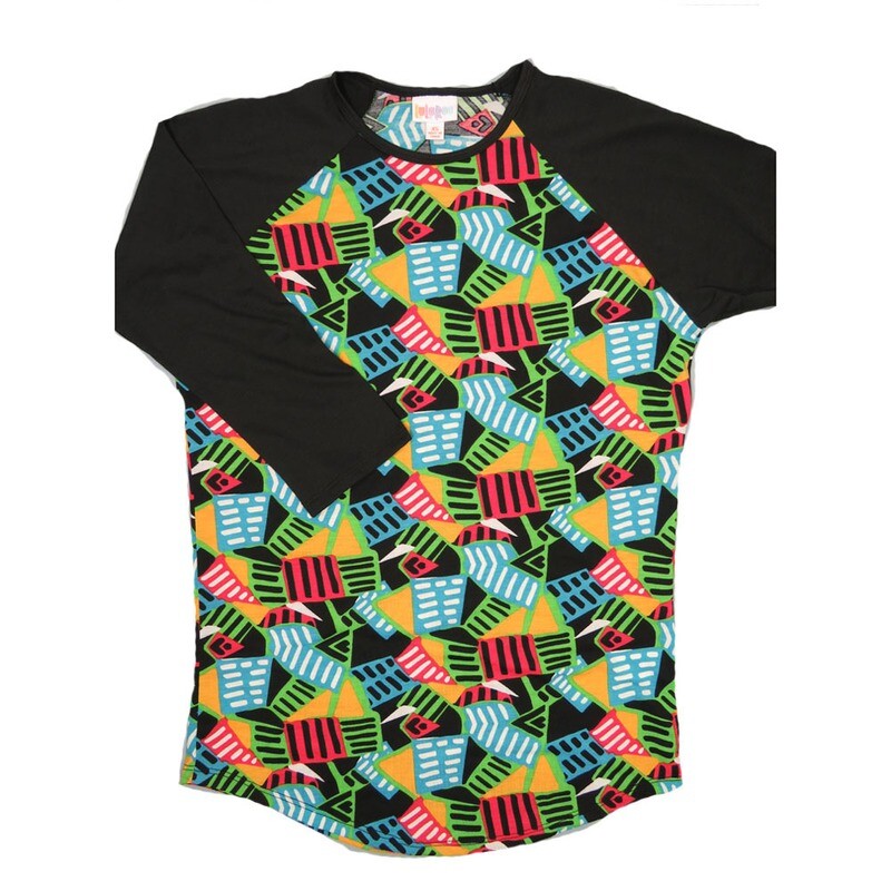 LuLaRoe RANDY b X-Small XS Black Light Blue Green Red with Black Raglan Sleeve Unisex Baseball Tee Shirt XS fits 2-4